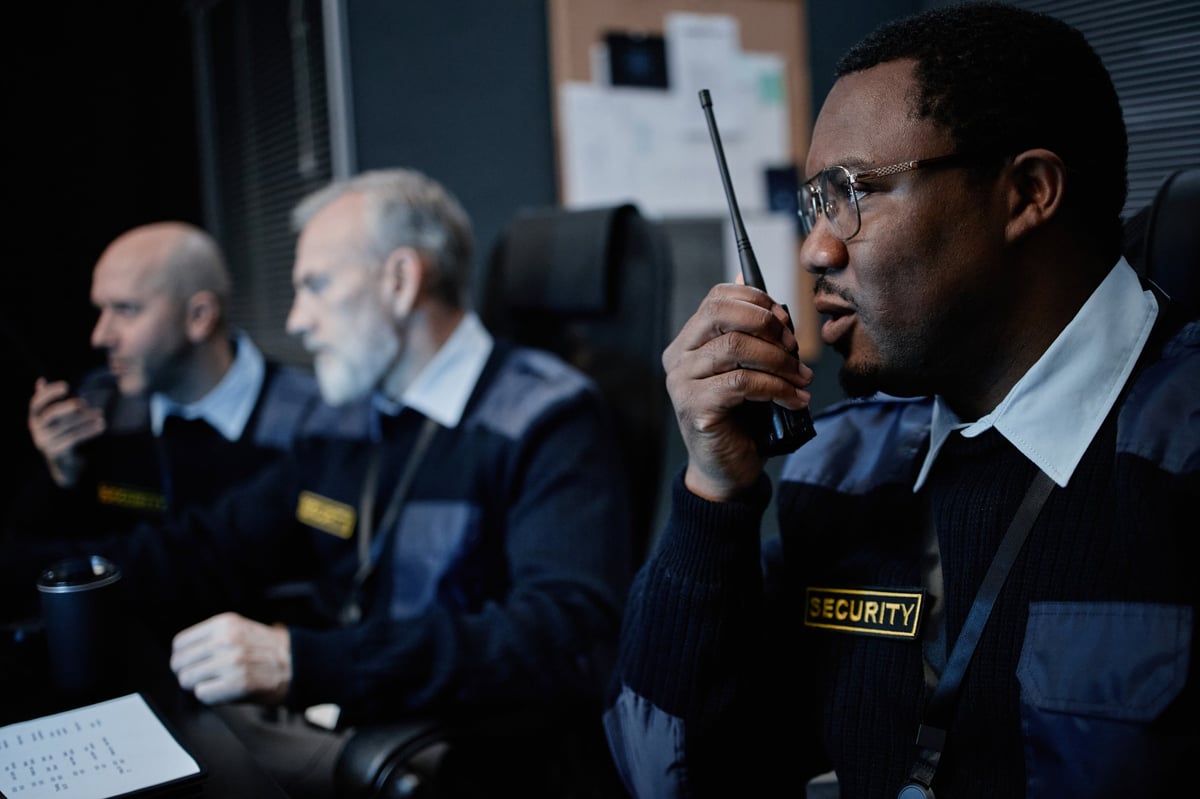 Security team in a corporate control room environment